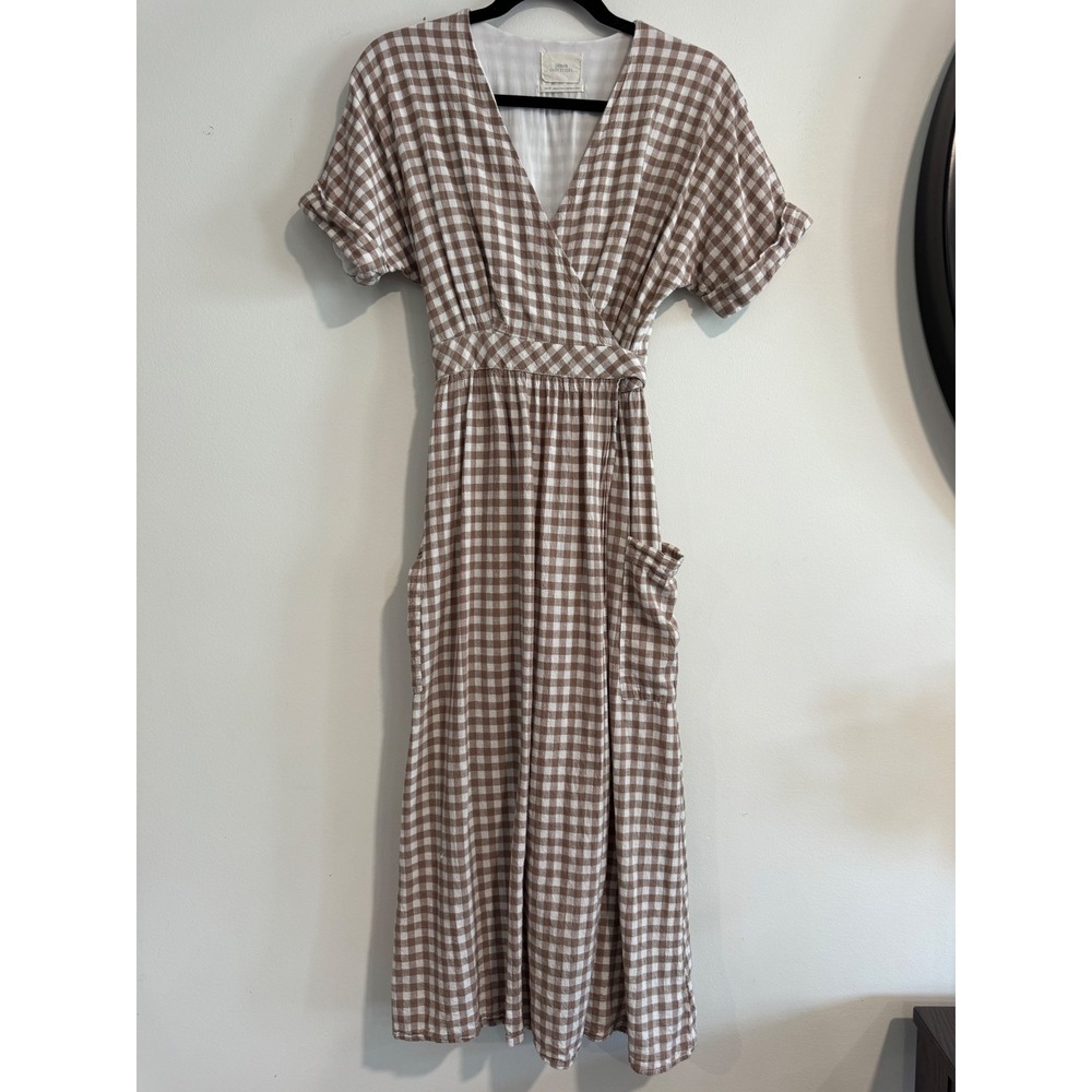 Urban Outfitters Gingham Wrap Midi Dress Womens XS Brown White Pockets